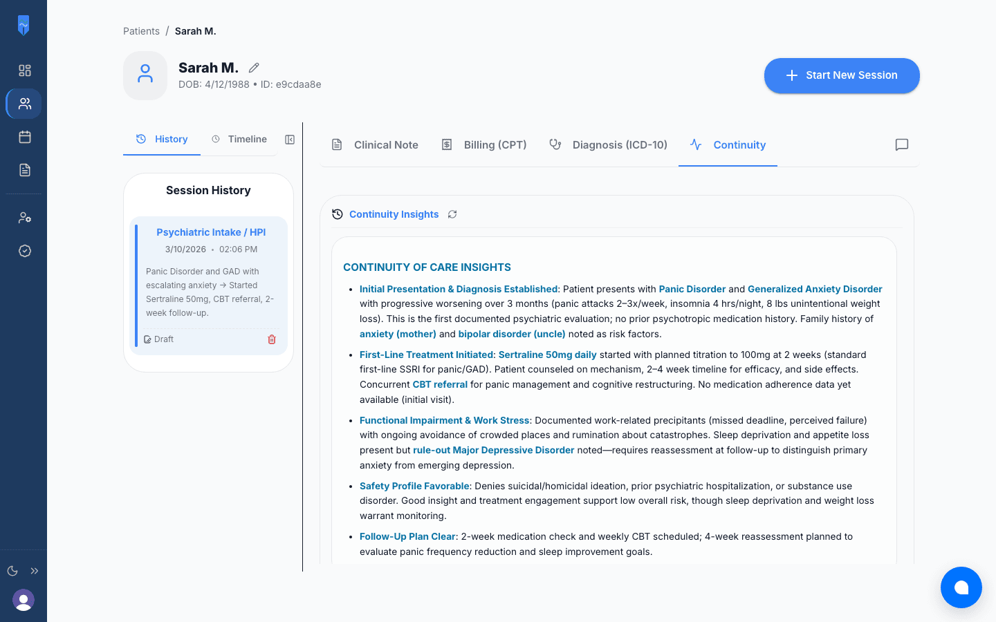 Continuity AI tracking patient progress across sessions