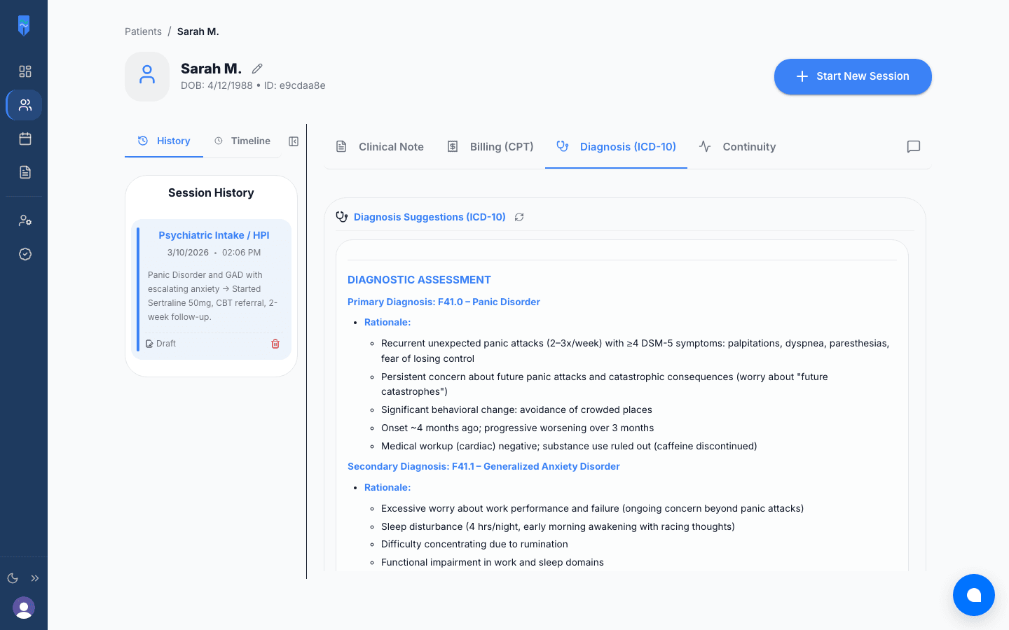 Diagnosis AI suggesting ICD-10 codes with DSM-5 criteria matching