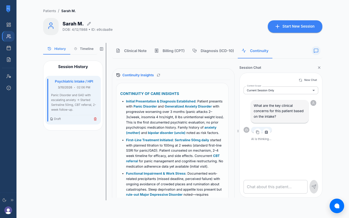 Chat panel open next to a note, with the patient’s session in context