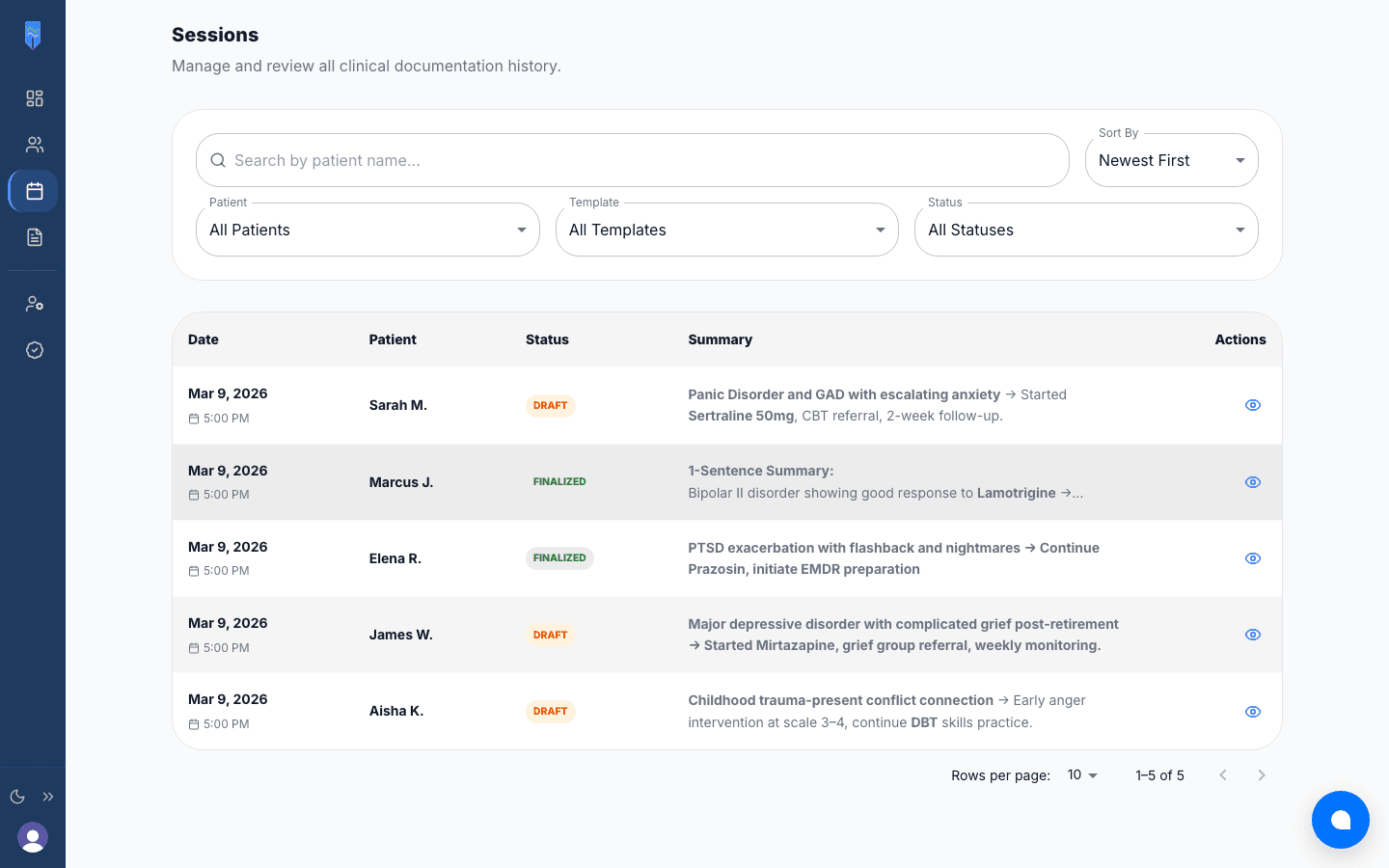 Session list showing draft and finalized note status badges