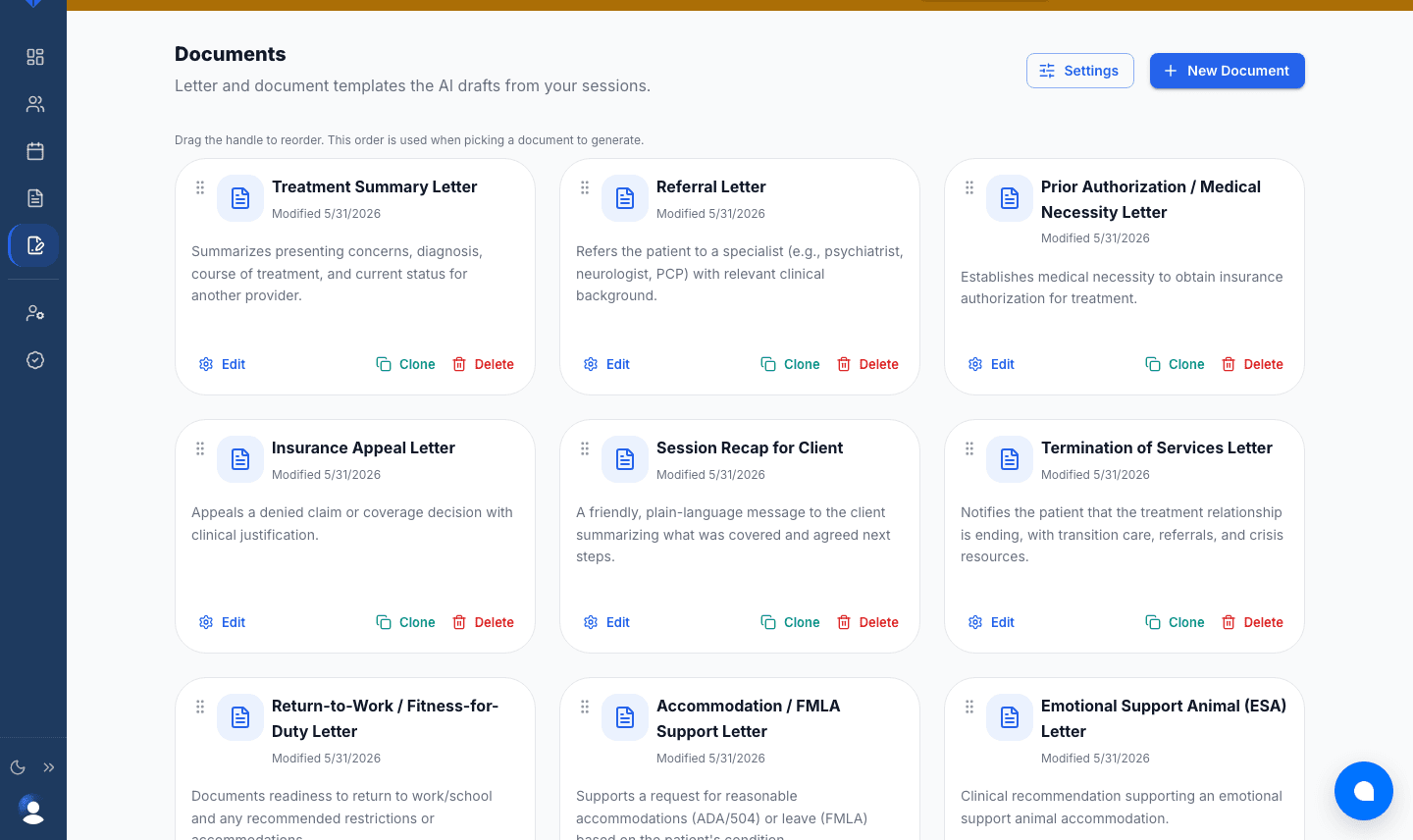 Documents AI template library — referral, treatment summary, prior authorization, insurance appeal, accommodation, and ESA letter templates
